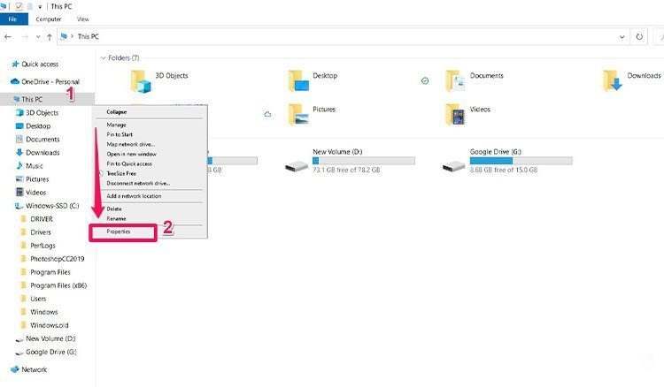 Mở mục Properties trong This PC