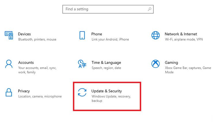 Chọn mục Update & Security