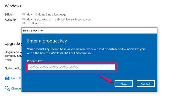 Nhập Product Key mới và bấm Next